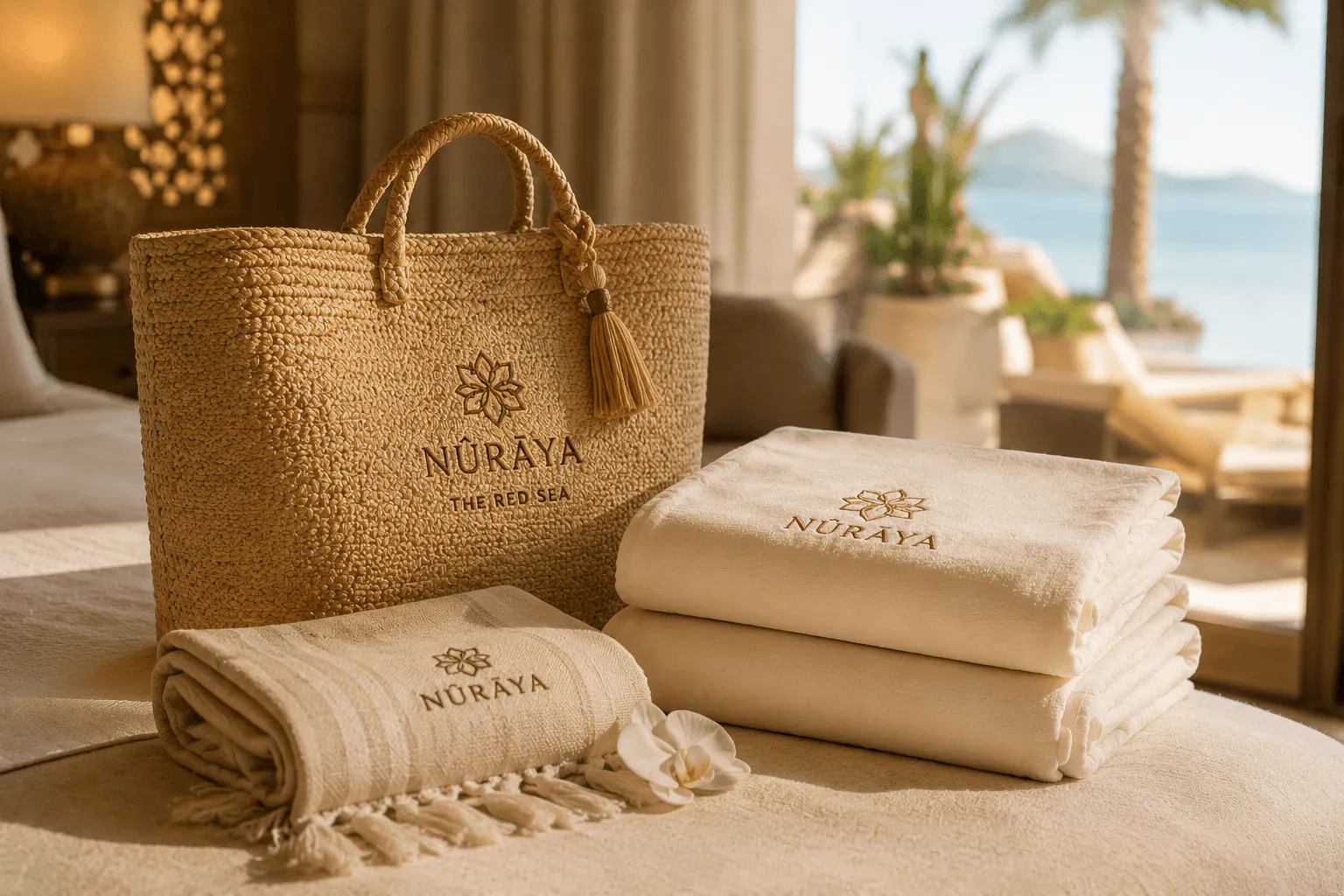 Folded linen and a beach tote
